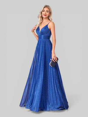 Vestido de Festa Longo Plissado com Brilho Emille
