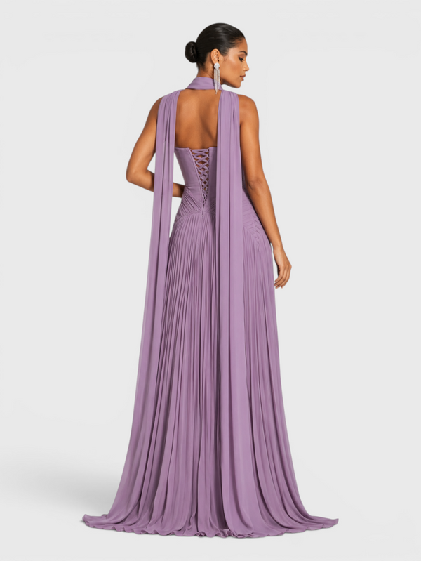 Vestido de Festa Longo Premium Tomara que Caia Plissado Echarpe Melbor