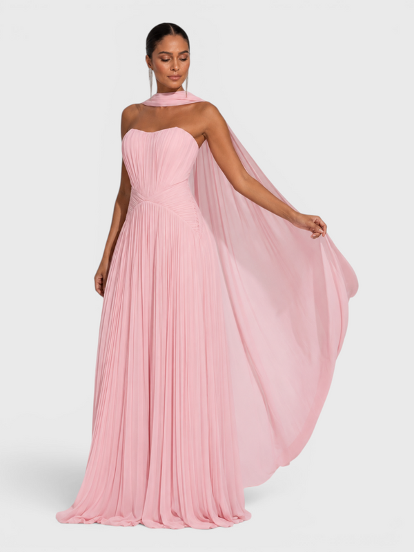 Vestido de Festa Longo Premium Tomara que Caia Plissado Echarpe Melbor