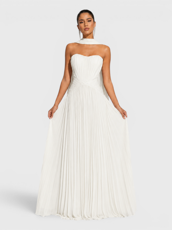 Vestido de Festa Longo Premium Tomara que Caia Plissado Echarpe Melbor