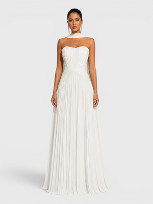 Vestido de Festa Longo Premium Tomara que Caia Plissado Echarpe Melbor