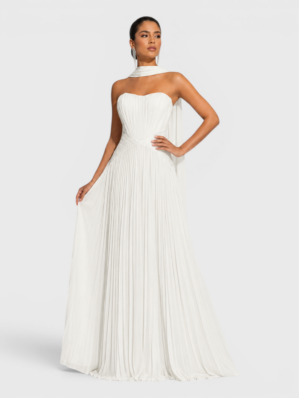 Vestido de Festa Longo Premium Tomara que Caia Plissado Echarpe Melbor