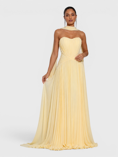 Vestido de Festa Longo Premium Tomara que Caia Plissado Echarpe Melbor