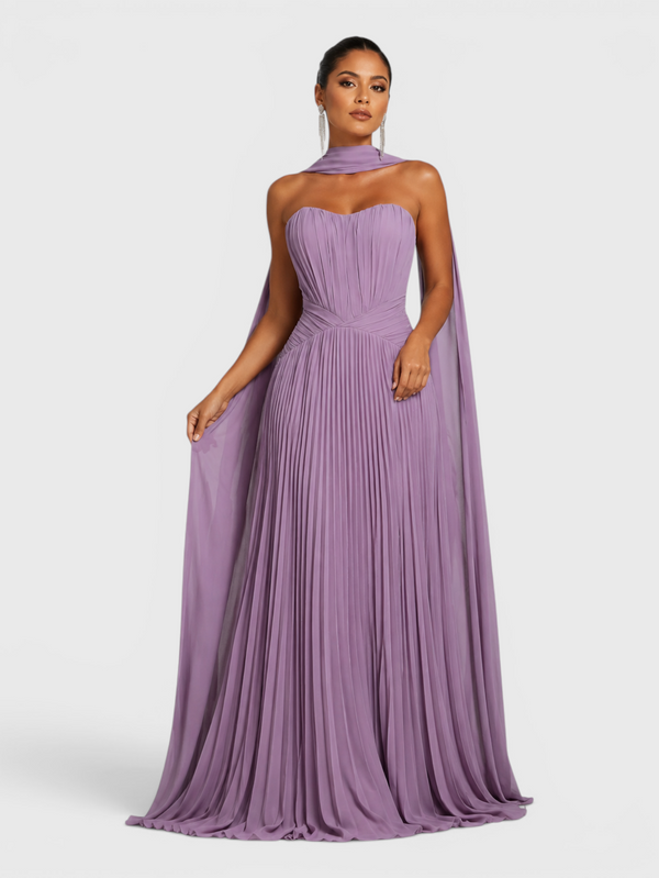 Vestido de Festa Longo Premium Tomara que Caia Plissado Echarpe Melbor