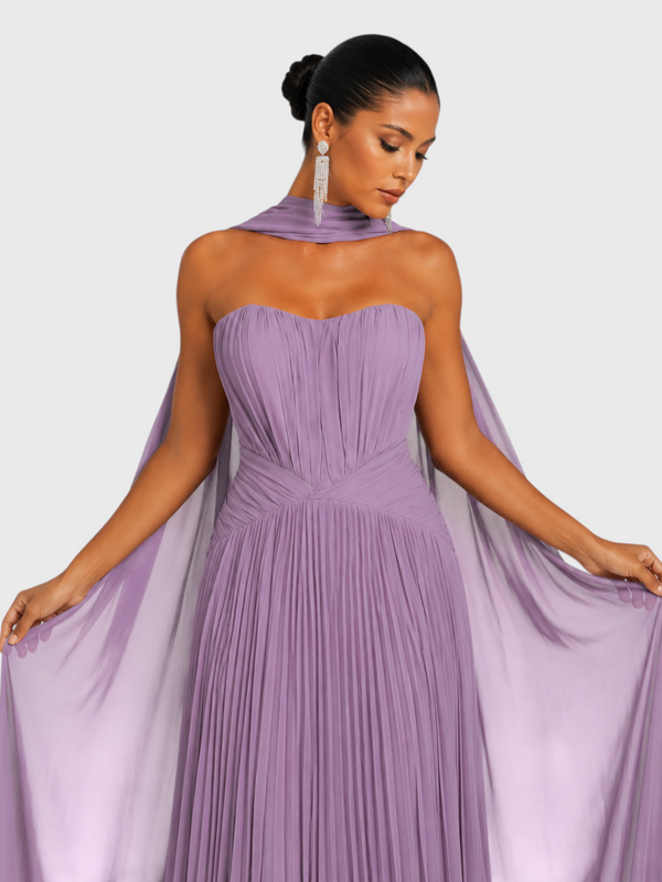 Vestido de Festa Longo Premium Tomara que Caia Plissado Echarpe Melbor