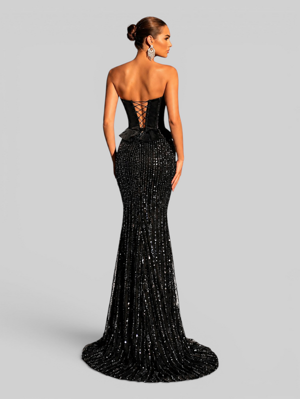 Vestido de Festa Longo Super Luxo Corpete Paetê com Fenda e Capa Lumière
