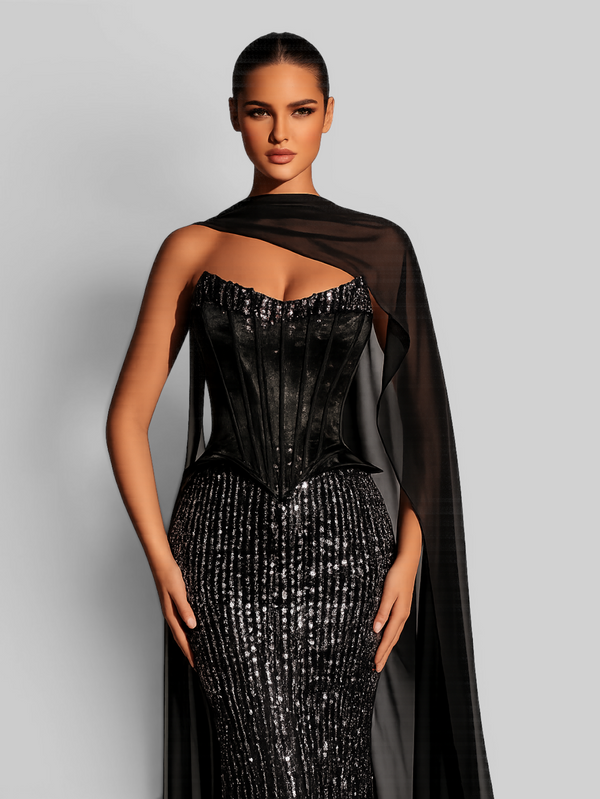 Vestido de Festa Longo Super Luxo Corpete Paetê com Fenda e Capa Lumière