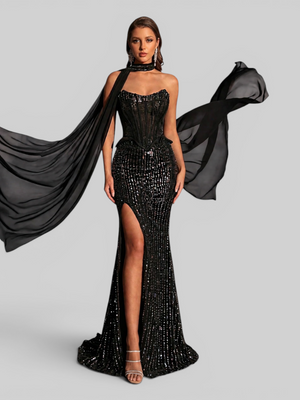 Vestido de Festa Longo Super Luxo Corpete Paetê com Fenda e Capa Lumière