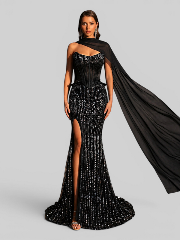 Vestido de Festa Longo Super Luxo Corpete Paetê com Fenda e Capa Lumière