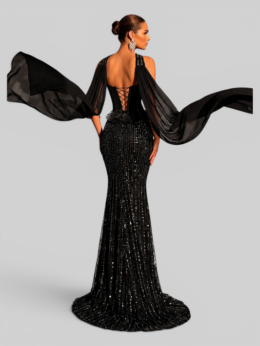 Vestido de Festa Longo Super Luxo Corpete Paetê com Fenda e Capa Lumière