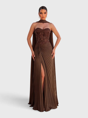 Vestido de Festa Longo Tomara que Caia Plissado com Echarpe Amsterdã