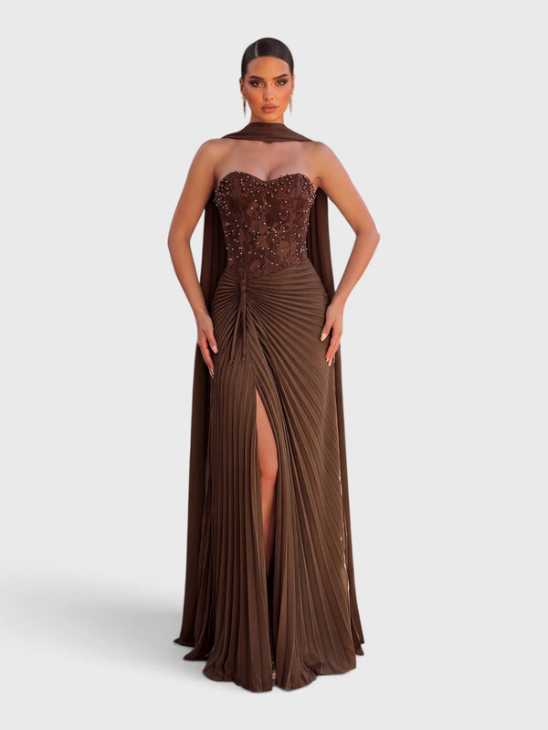 Vestido de Festa Longo Tomara que Caia Plissado com Echarpe Amsterdã