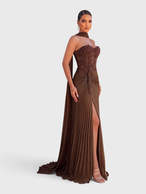 Vestido de Festa Longo Tomara que Caia Plissado com Echarpe Amsterdã