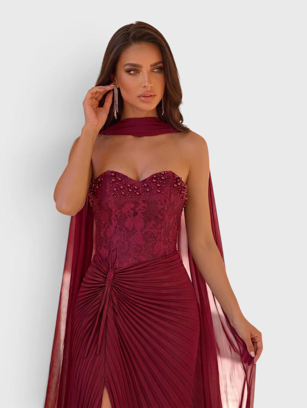 Vestido de Festa Longo Tomara que Caia Plissado com Echarpe Amsterdã