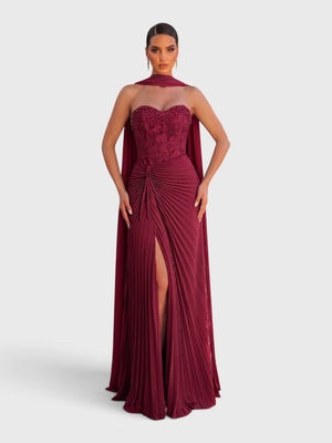 Vestido de Festa Longo Tomara que Caia Plissado com Echarpe Amsterdã