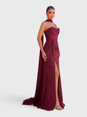 Vestido de Festa Longo Tomara que Caia Plissado com Echarpe Amsterdã