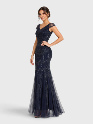 Vestido de Festa Longo Tule Bordado em Paetê Maison