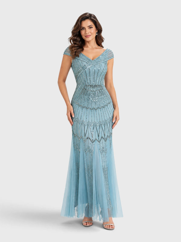 Vestido de Festa Longo Tule Bordado em Paetê Maison