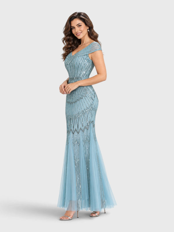 Vestido de Festa Longo Tule Bordado em Paetê Maison