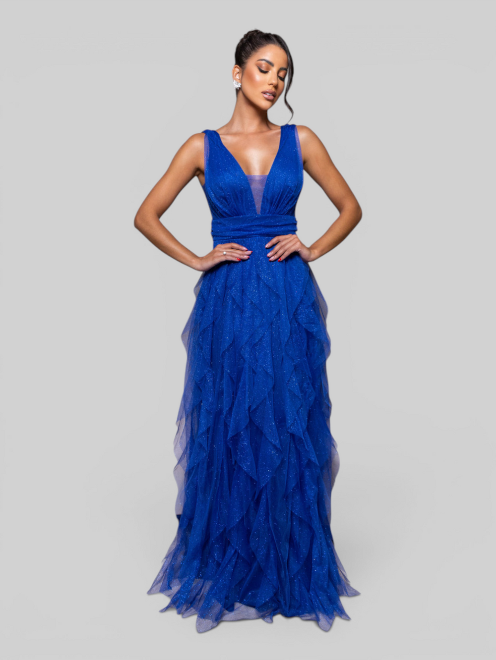 Vestido de Festa Longo com Alças Camadas Cascata com Brilho