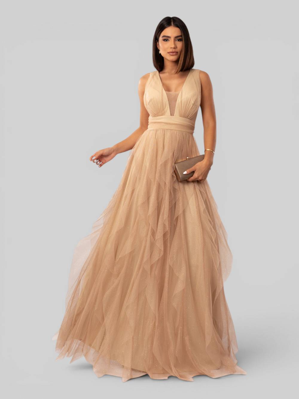 Vestido de Festa Longo com Alças Camadas Cascata com Brilho