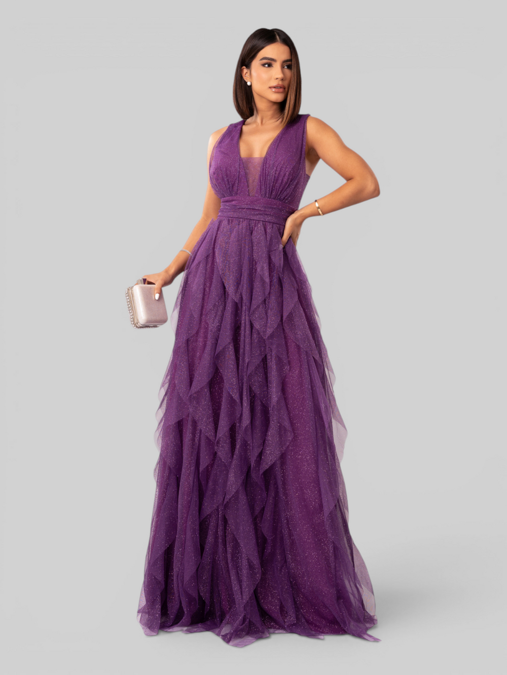 Vestido de Festa Longo com Alças Camadas Cascata com Brilho