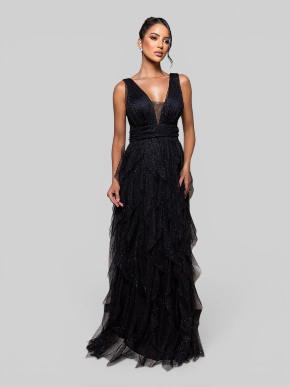 Vestido de Festa Longo com Alças Camadas Cascata com Brilho