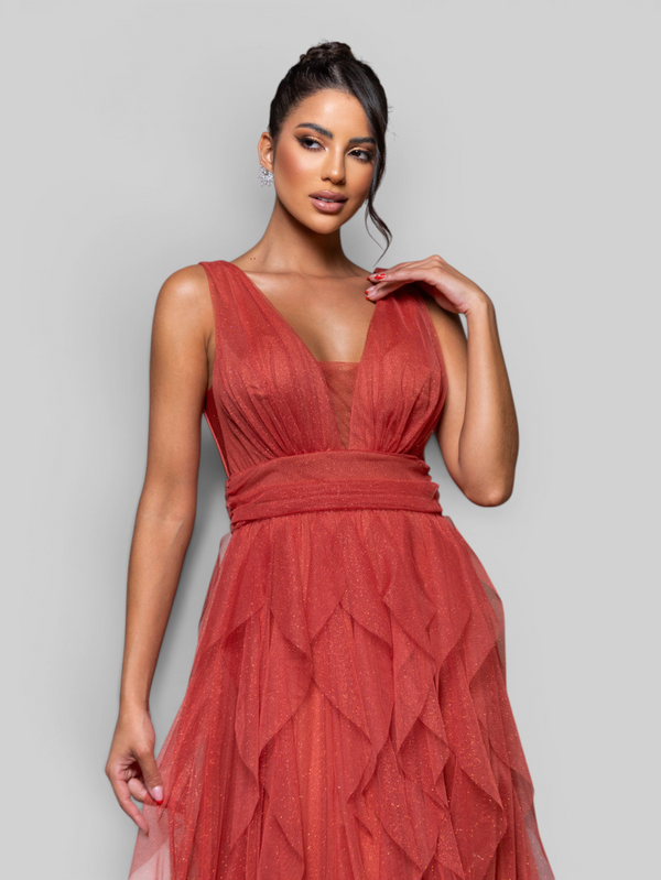 Vestido de Festa Longo com Alças Camadas Cascata com Brilho