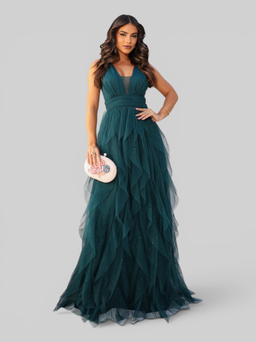 Vestido de Festa Longo com Alças Camadas Cascata com Brilho