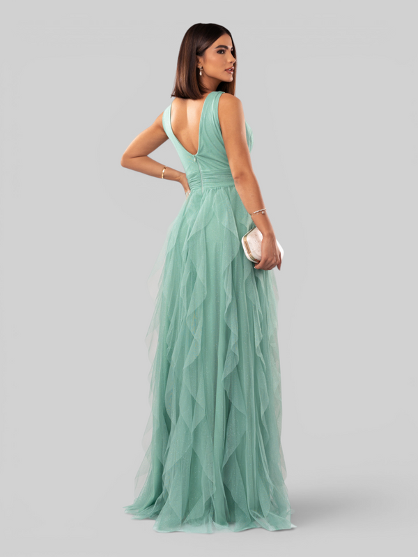 Vestido de Festa Longo com Alças Camadas Cascata com Brilho