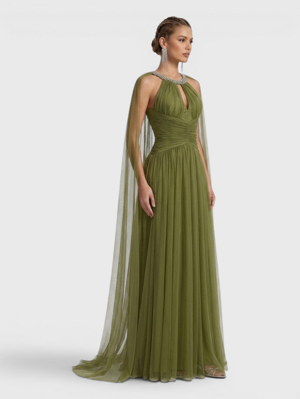 Vestido de Festa Longo com Capa Gola Halter Strass