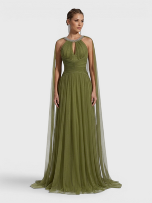 Vestido de Festa Longo com Capa Gola Halter Strass