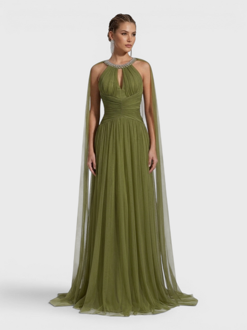 Vestido de Festa Longo com Capa Gola Halter Strass