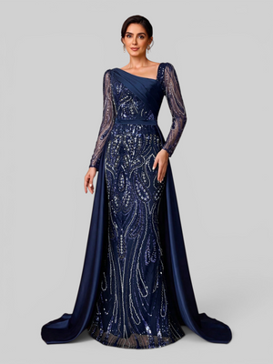 Vestido de Festa Manga Longa Super Luxo Paetê Assimétrico