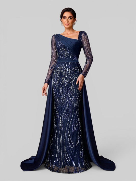 Vestido de Festa Manga Longa Super Luxo Paetê Assimétrico