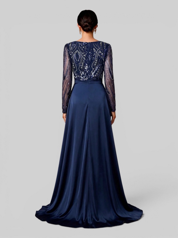 Vestido de Festa Manga Longa Super Luxo Paetê Assimétrico