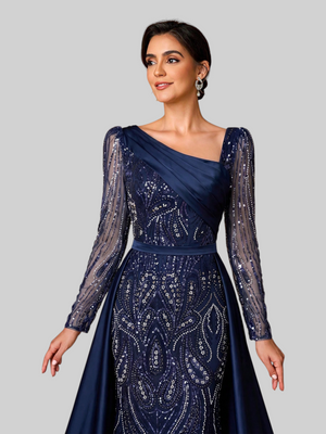 Vestido de Festa Manga Longa Super Luxo Paetê Assimétrico
