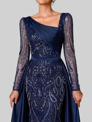 Vestido de Festa Manga Longa Super Luxo Paetê Assimétrico