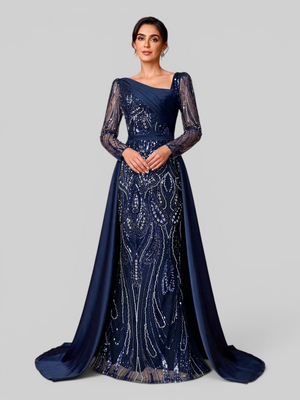 Vestido de Festa Manga Longa Super Luxo Paetê Assimétrico