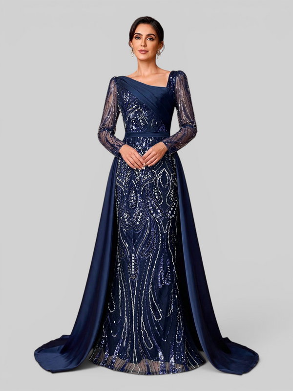 Vestido de Festa Manga Longa Super Luxo Paetê Assimétrico