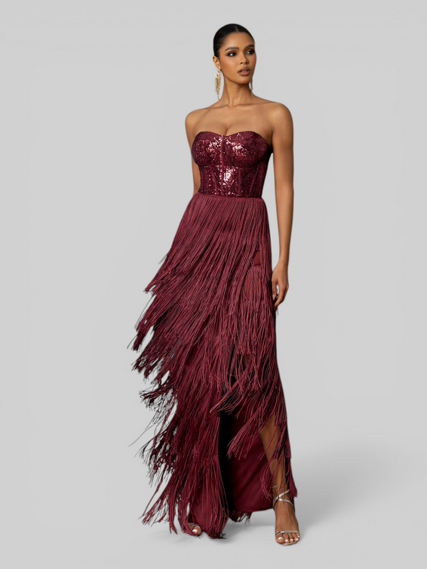 Vestido de Festa sem Alças com Franjas Margott