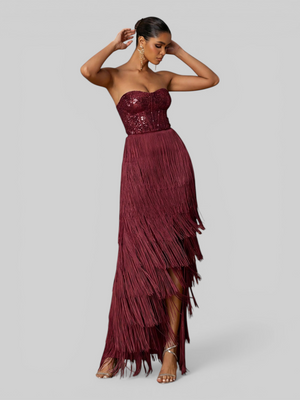 Vestido de Festa sem Alças com Franjas Margott