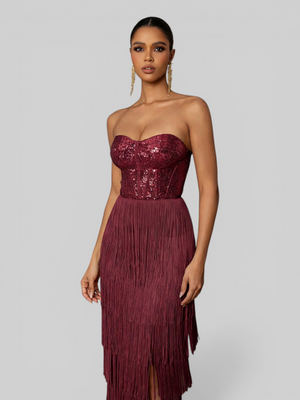 Vestido de Festa sem Alças com Franjas Margott