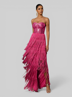 Vestido de Festa sem Alças com Franjas Margott