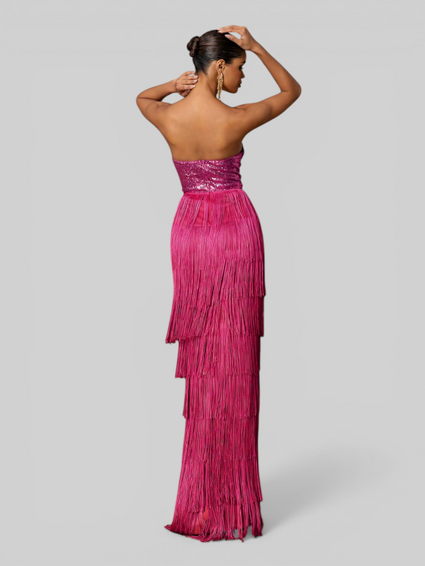 Vestido de Festa sem Alças com Franjas Margott
