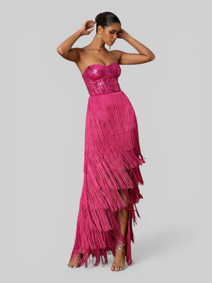 Vestido de Festa sem Alças com Franjas Margott
