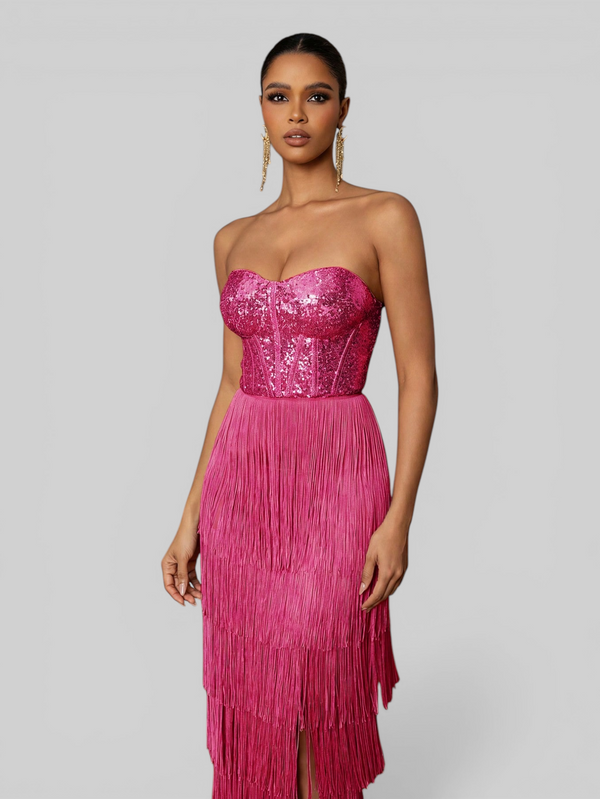 Vestido de Festa sem Alças com Franjas Margott