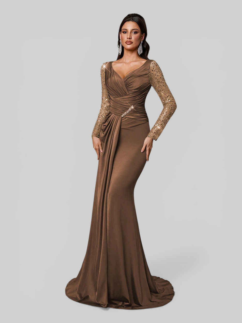 Vestido de Festa Drapeado Manga Longa Super Luxo Supreme