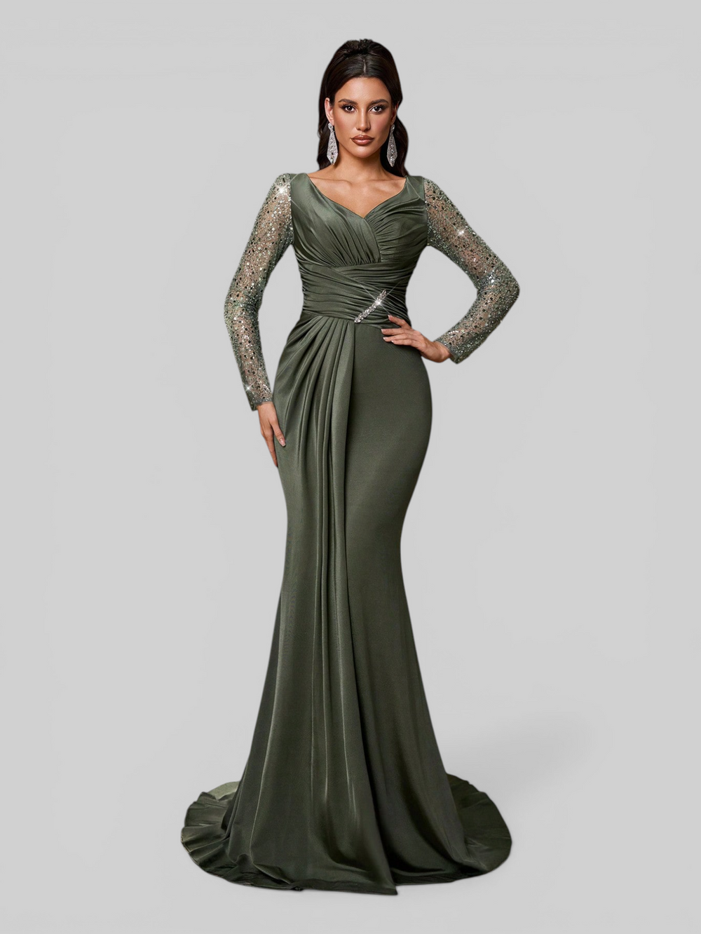 Vestido de Festa Drapeado Manga Longa Super Luxo Supreme