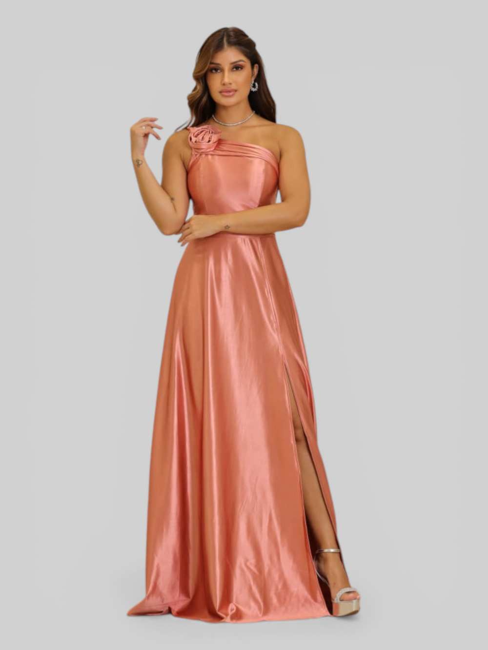 Vestido de Festa Longo Acetinado Alça Ùnica Florescer